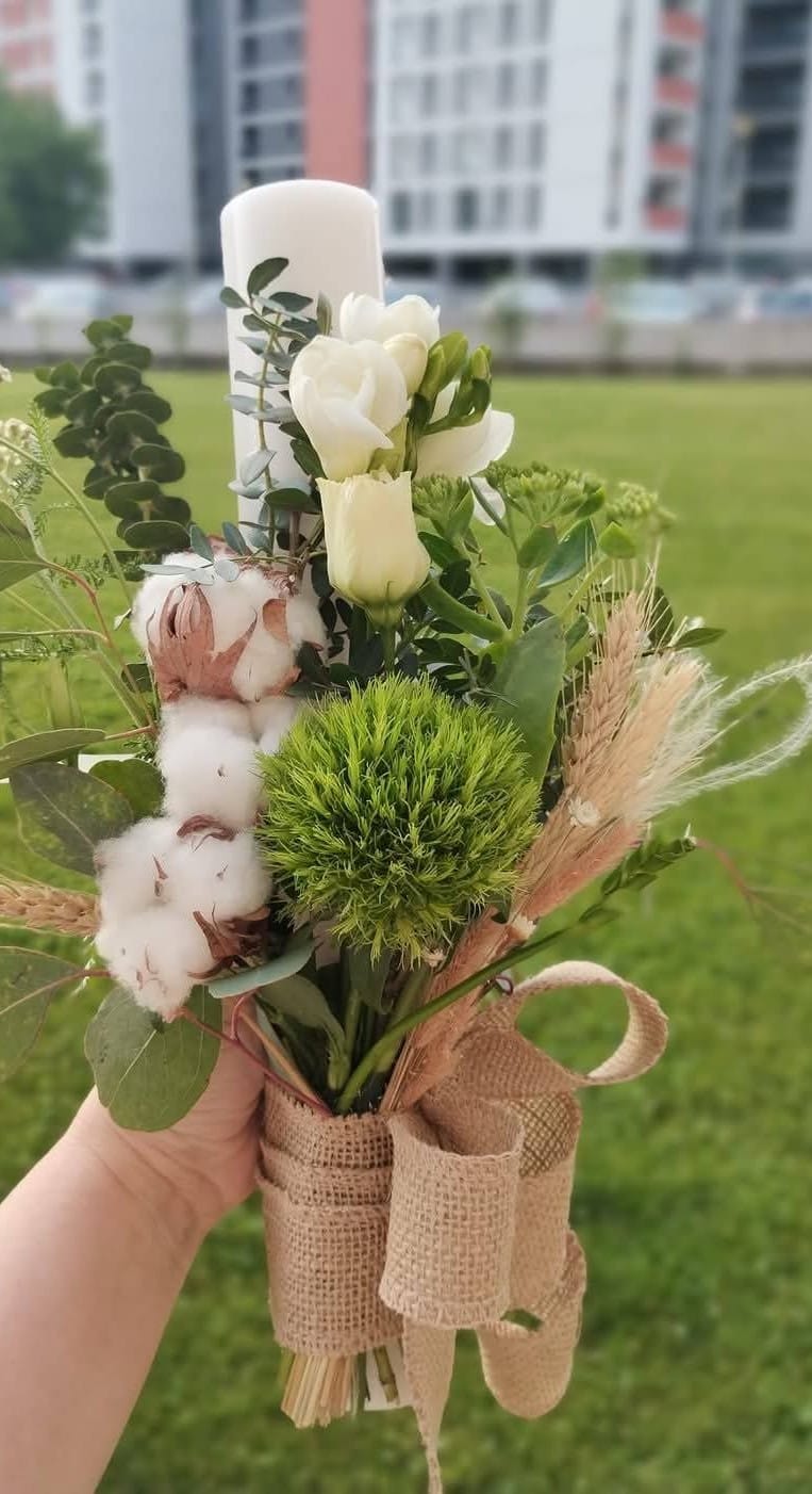 Lumanare Botez din Flori de Bumbac Uscate si Flori Naturale