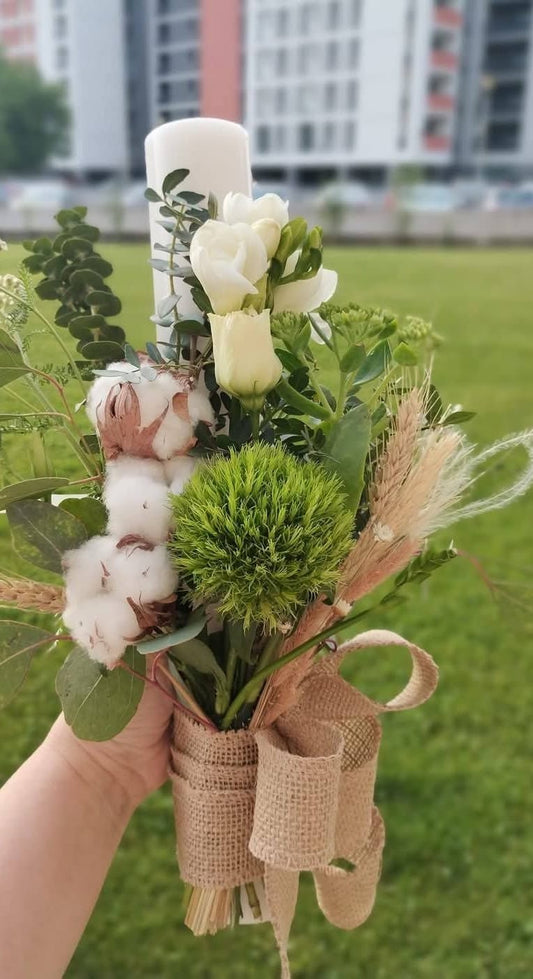 Lumanare Botez din Flori de Bumbac Uscate si Flori Naturale